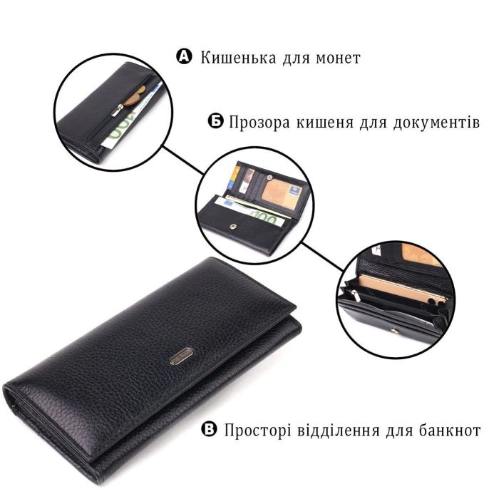 Женский кожаный кошелек для карт купюр и монет CANPELLINI 21658 Черный