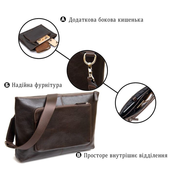 Кожаная мужская прямоугольная сумка для ноутбука GRANDE PELLE 11438 Коричневый