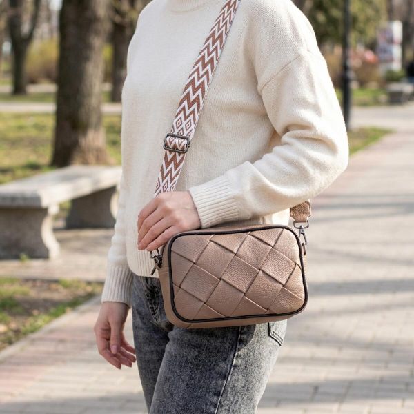 Модная кожаная сумка с переплетами для стильных женщин Vintage 22409 Бежевая