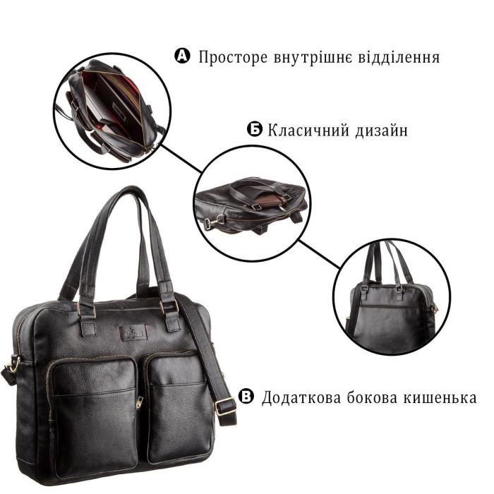 Мужская кожаная деловая сумка-портфель для ноутбука SHVIGEL 19108 Черная