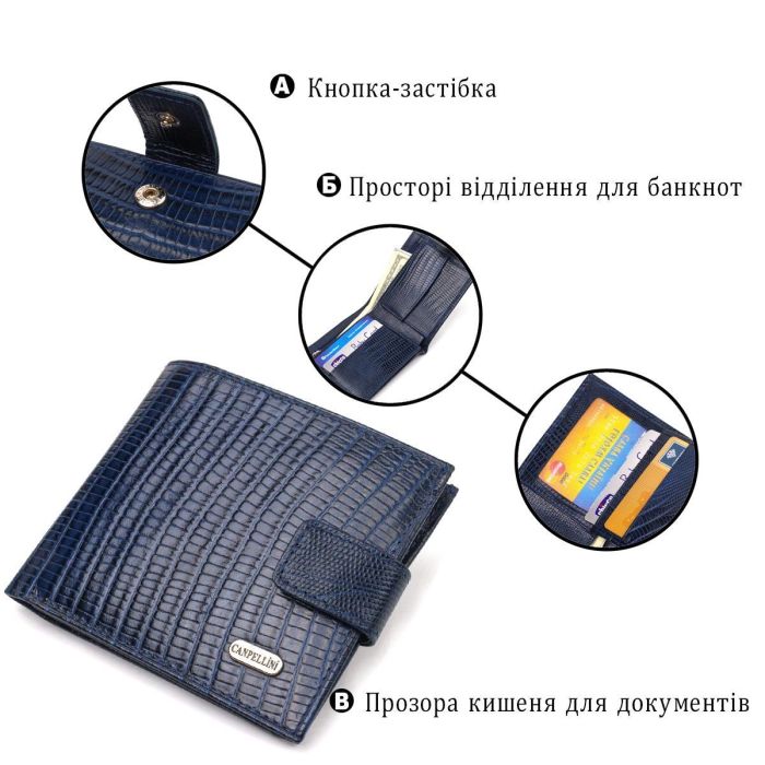 Мужской бумажник горизонтального формата из натуральной кожи с тиснением CANPELLINI 21767 Синий