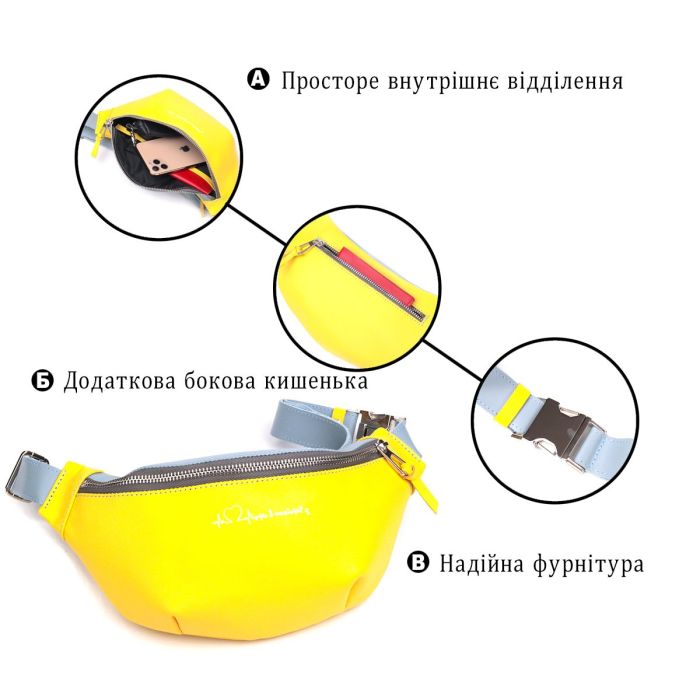 Патриотическая кожаная сумка-бананка комби двух цветов Сердце GRANDE PELLE 16760 Желто-голубая