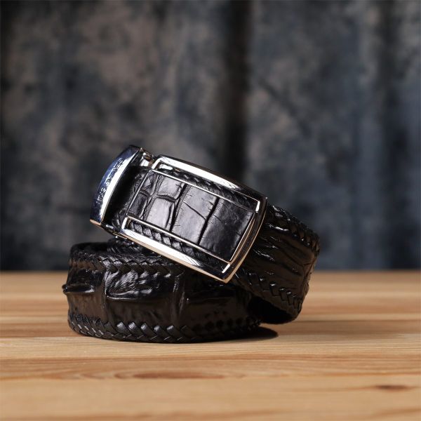 Ремень-автомат CROCODILE LEATHER 18010 из натуральной кожи крокодила Черный