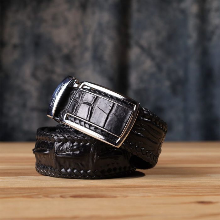 Ремень-автомат CROCODILE LEATHER 18010 из натуральной кожи крокодила Черный