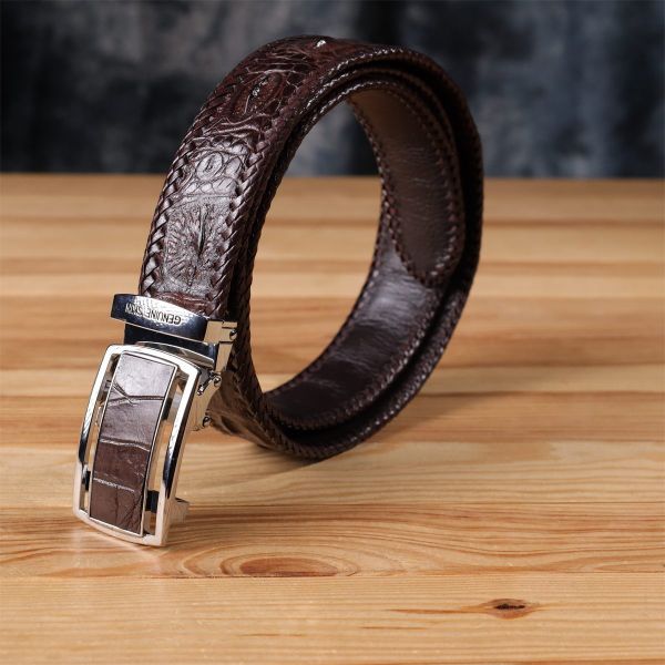 Ремень-автомат CROCODILE LEATHER 18171 из натуральной кожи крокодила Коричневый
