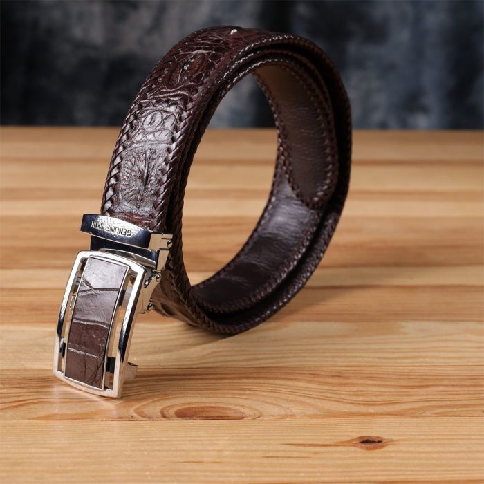 Ремень-автомат CROCODILE LEATHER 18171 из натуральной кожи крокодила Коричневый