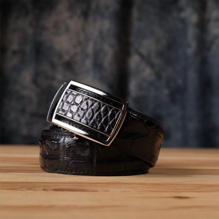 Ремень-автомат CROCODILE LEATHER 18236 из натуральной кожи крокодила (каймана) Черный