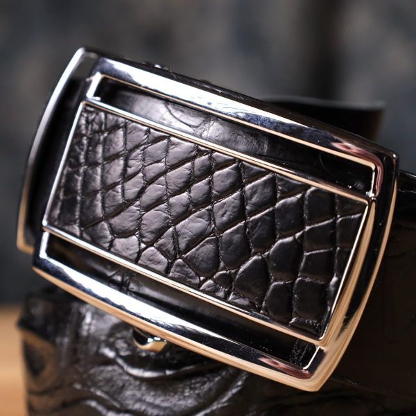 Ремень-автомат CROCODILE LEATHER 18239 из натуральной кожи крокодила Черный