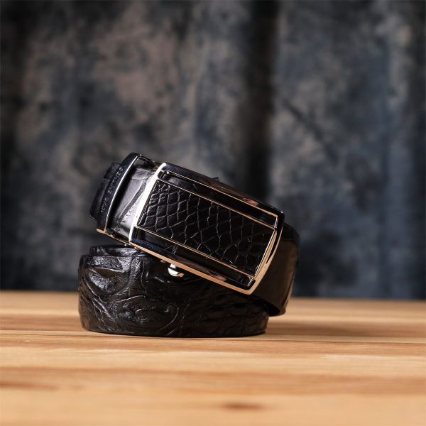 Ремень-автомат CROCODILE LEATHER 18239 из натуральной кожи крокодила Черный