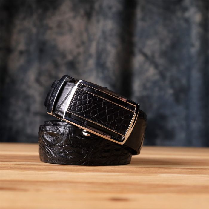 Ремень-автомат CROCODILE LEATHER 18239 из натуральной кожи крокодила Черный