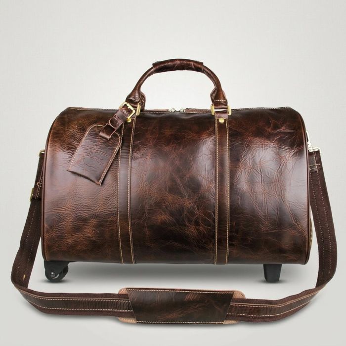 Кожаная дорожная сумка на колесах для путешествий и командировок Vintage 14254 Коричневая