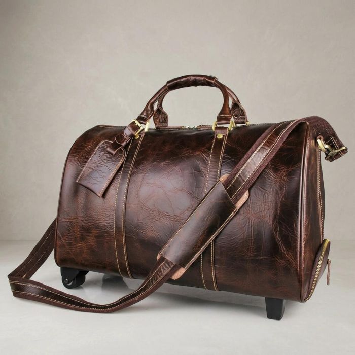 Кожаная дорожная сумка на колесах для путешествий и командировок Vintage 14254 Коричневая