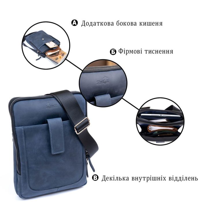 Сумка мужская планшет на два отделения винтажная кожаная SHVIGEL 11284 Синяя