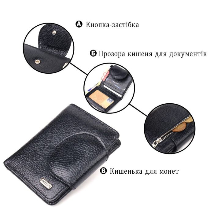 Удобный небольшой женский кошелек из натуральной кожи CANPELLINI 21668 Черный