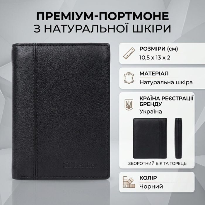 Мужское кожаное портмоне для карт купюр и монет ST Leather 22733 Черное