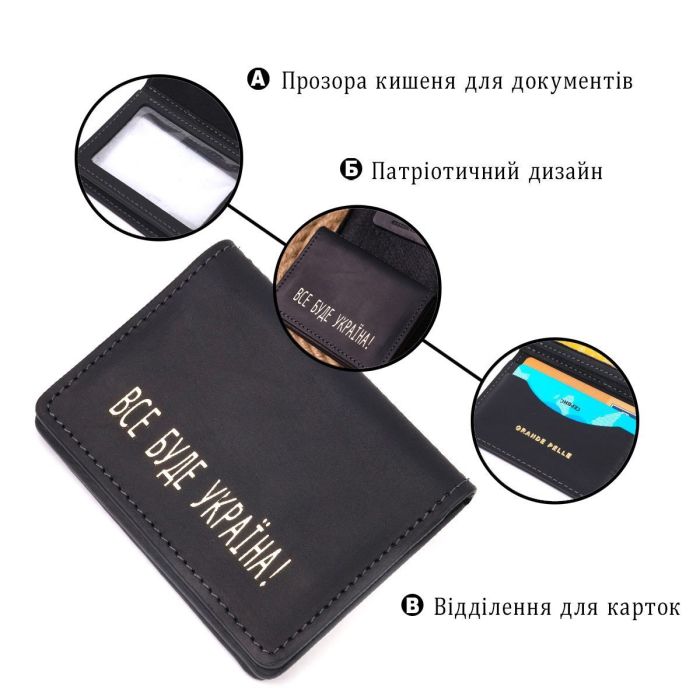 Вместительная обложка на автодокументы в винтажной коже Украина GRANDE PELLE 16709 Черная