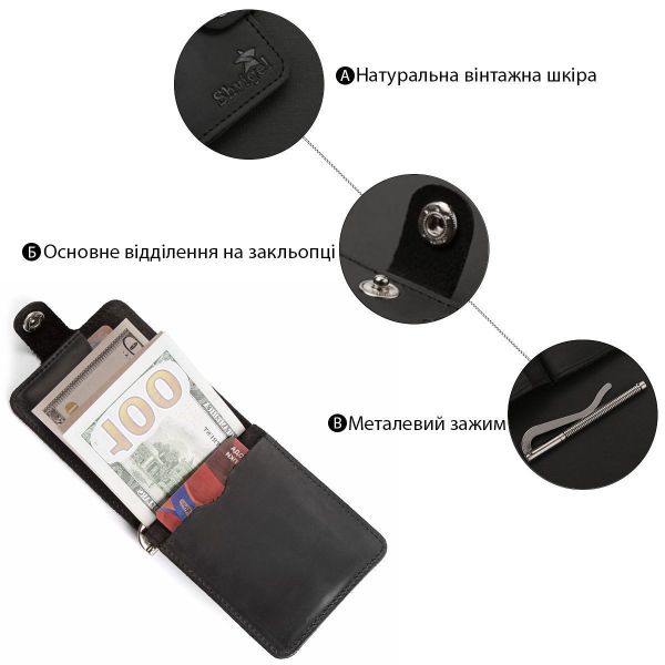 Зажим для купюр SHVIGEL 13787 из винтажной кожи Черный